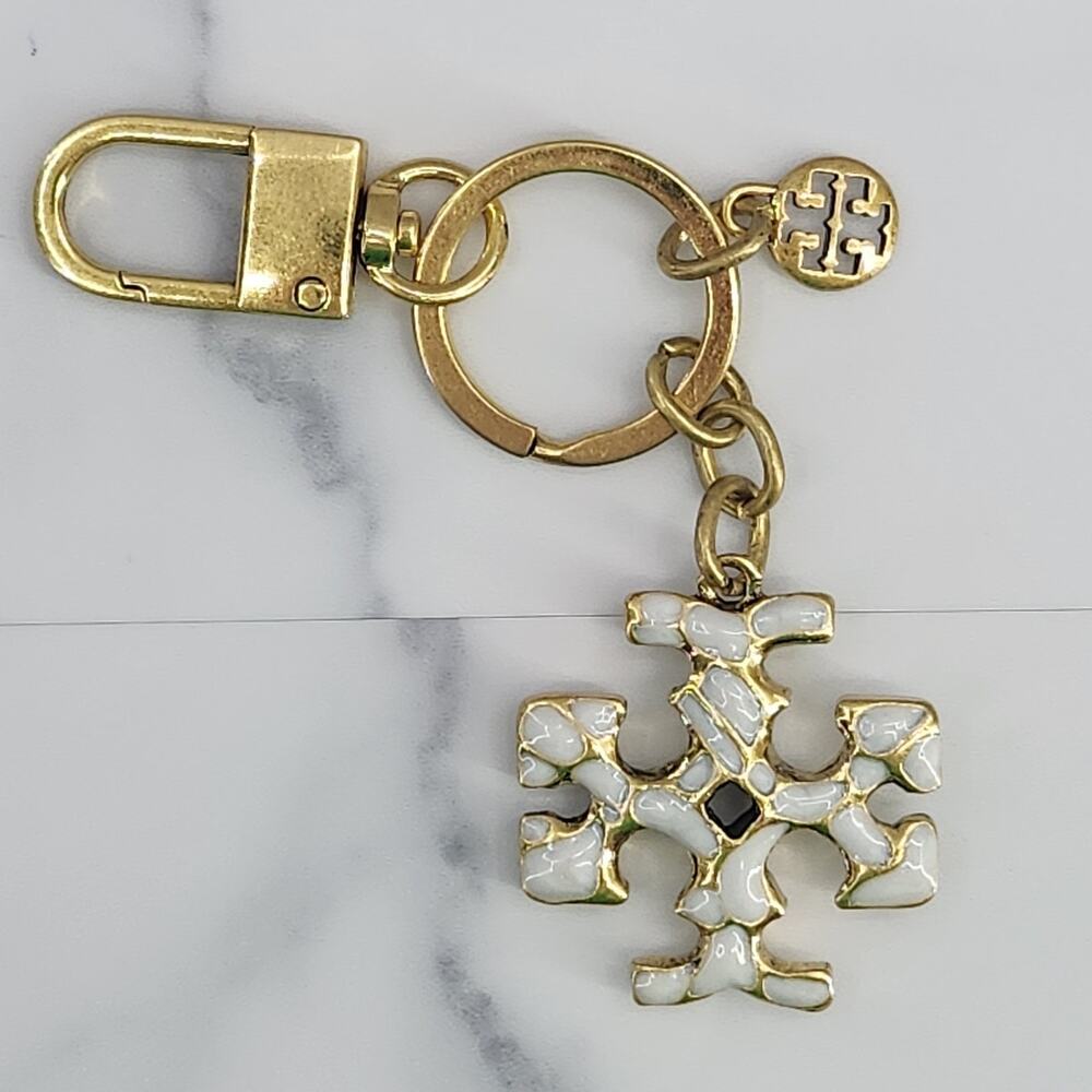 **NEW** Tory Burch Gold & White Enamel Keychain Bag Charm Mosaic Logo Double T's